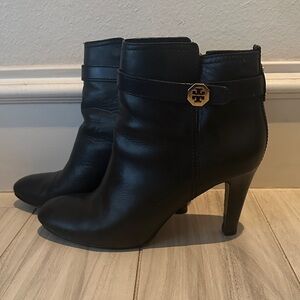 Tory Burch Black Heeled Boots with Gold Accent